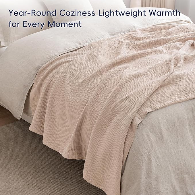 PHF 100% Cotton Muslin Throw Blanket 50" x 60", 4-Layer Lightweight and Breathable Blanket for Summer, Luxuriously Soft Gauze Throws for Couch, Natural Minimalism Style, Ideal Gift, Light Pink