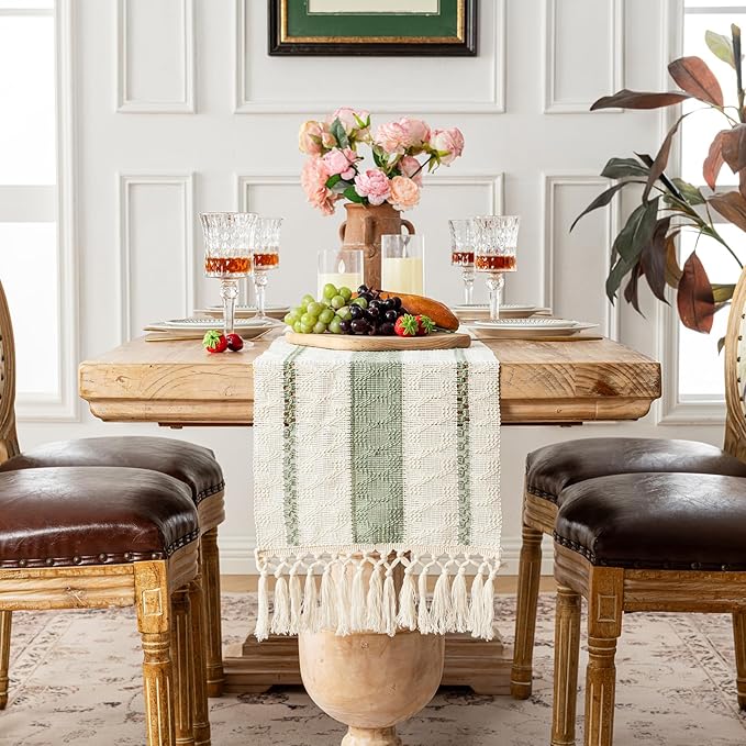 Fancy Homi Sage Green Table Runner 60 Inches Long Boho Macrame Table Runner for Home Decor, Farmhouse Table Runners with Tassels for Party Bohemian Rustic Bridal Shower Dining Decor 12x60 Inches