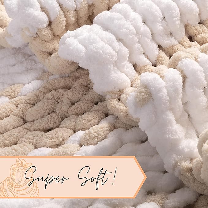 Adyrescia Chunky Knit Blanket Throw | 100% Hand Knit with Jumbo Chenille Yarn (50"x60", Oatmeal and White Stripes)
