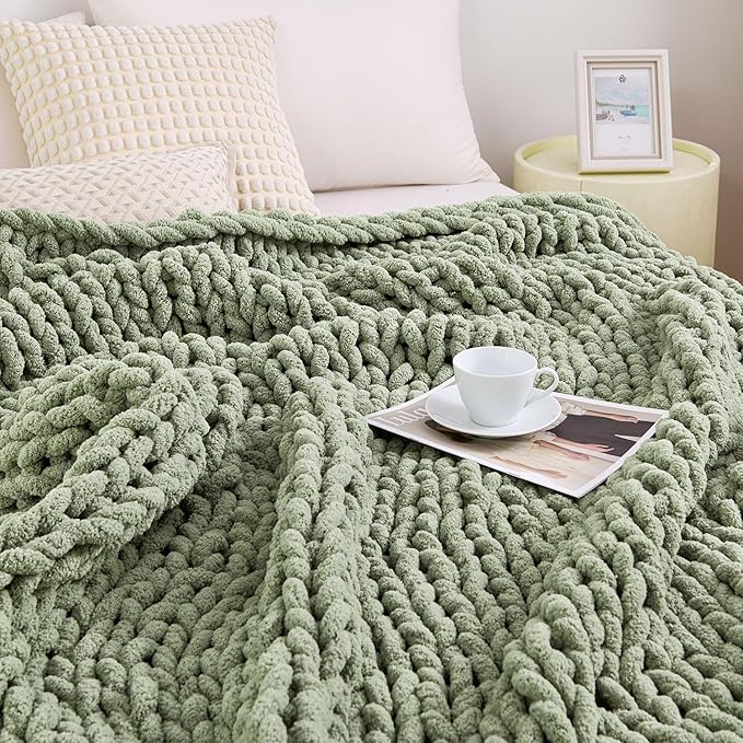 Admitrack Chunky Knit Blanket Throw, 100% Hand Knit Chenille Throw Blanket for Sofa & Home Decor, Soft and Cozy Knitted Throw Blankets (Sage Green,40"x50")
