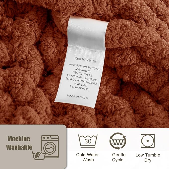 Chunky Knit Throw Blanket 50"X 60", 100% Handmade with Soft Chenille Yarn, 4.4lbs Thick Cable Knitted Blankets, Large Rope Knot Crochet Throws for Couch Sofa Bed Home Decor, Rust