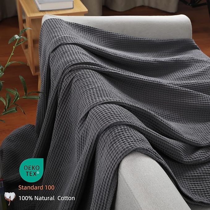 100% Cotton Waffle Blanket (Charcoal - Twin Size - 66 * 90''), Pre-Washed and Anti-Shrinkage Soft Lightweight Bed & Couch Blanket, 380 GSM Waffle Weave Throw Blanket for All Seasons