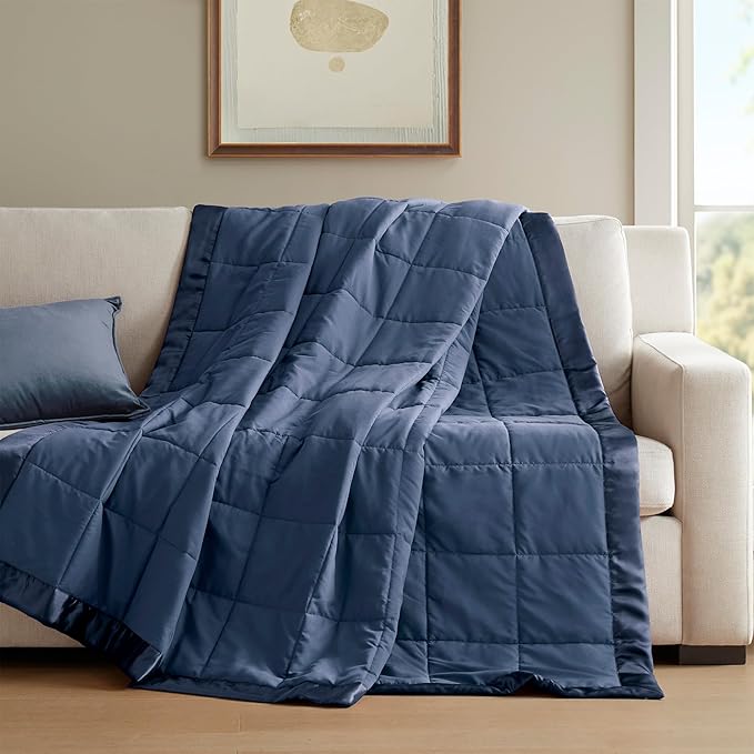 Madison Park Windom Down Alternative Blanket, Premium 3M Scotchgard Moisture Wicking Treatment, Lightweight and Soft Bed Cover For All Season, Satin Trim, Navy Full/Queen