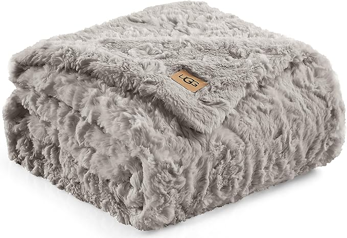 UGG Adalee Faux Fur Throw Blanket Luxury Lightweight Cozy Soft Throw for Couch Bed or Chair Hypoallergenic Machine Washable Double-Sided Fluffy Blanket Home Decor, 50-inch x 70-inch, Seal Grey