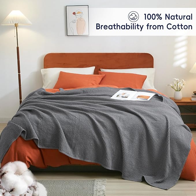 PHF Pre-Washed Cotton Waffle Weave Blanket Queen Size for Bed,Snag Proof Throw Blanket for Couch Spring Summer Lightweight Breathable,Oeko-TEX Certified,Machine Washable, Home Decor Gift,Charcoal
