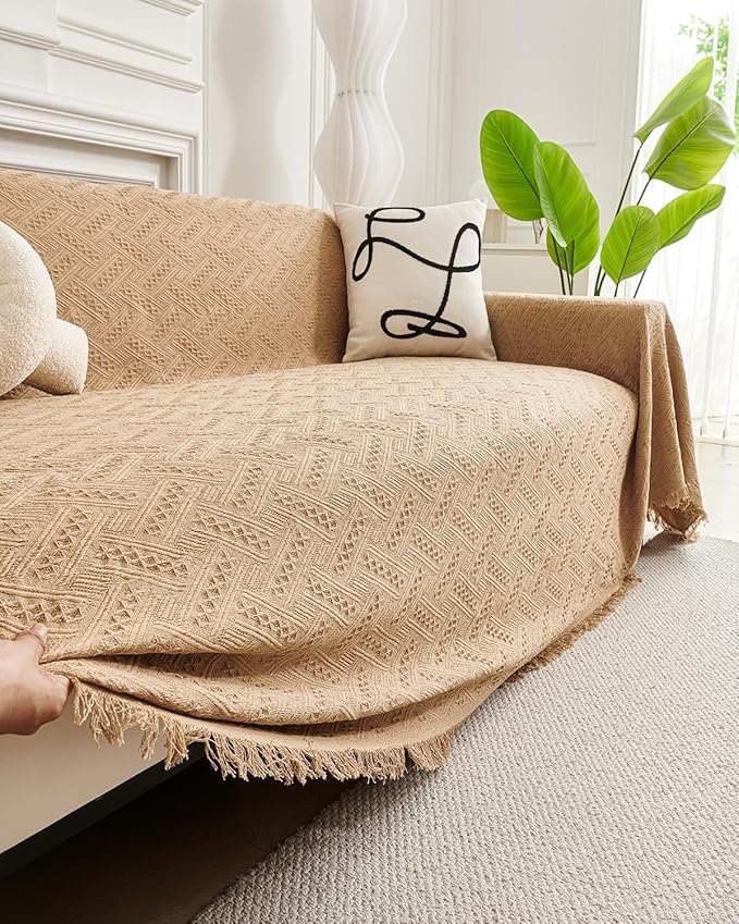 AIVIA Couch Cover Sheet Blanket, Slipcover for 3-4 Cushion High Backed Backrest Sofa, Extra Large Furniture Decor L Shape U-Shaped Sectional Protector for Cats Dogs Pets (Khaki, 91” x 134”)