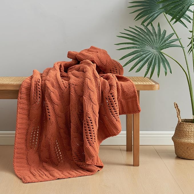 Amélie Home Chunky Knit Chenille Throw Blanket, Breathable Cable Knitted Blanket for Couch, Farmhouse Decorative Throw for Sofa Chair Bed, 50"x60", Burnt Orange