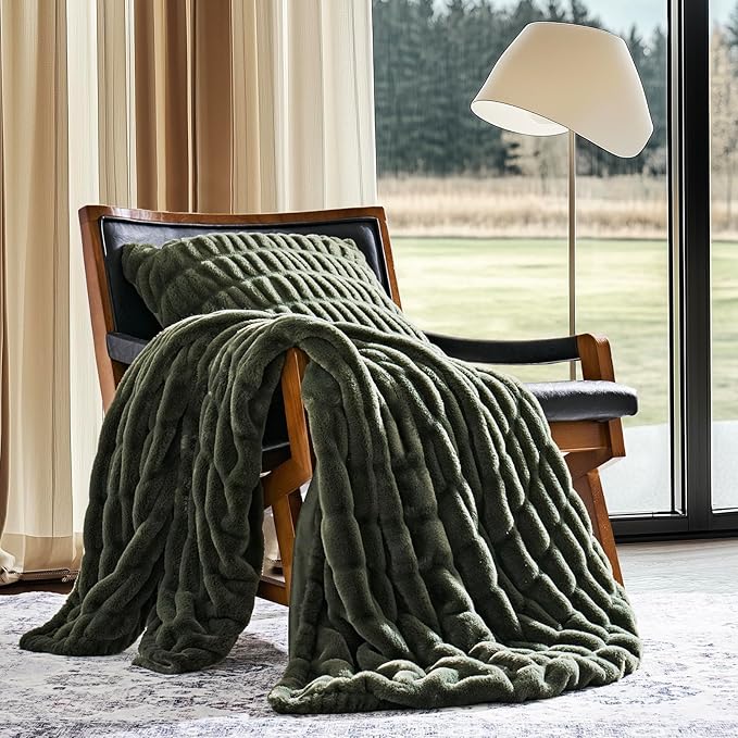 EVERGRACE Luxurious Soft Faux Rabbit Fur Throw Blanket, Cozy Fuzzy Plush Warm Throws for Couch Bed Sofa Chair Home Decor, Ruched Bubble Fluffy Blanket with Reversible Velvet, 50" x 60", Loden Green
