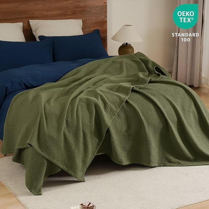 PHF 100% Cotton Waffle Muslin Blanket Twin Size, 66" x 90" Lightweight and Breathable Washed Cotton Blanket, Aesthetic Soft Muslin Waffle Bedding for Sofa Bed Home Decor, Olive Green