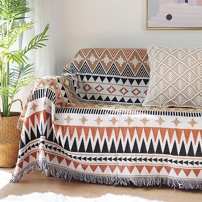 Luxlovery Bohemian Sofa Throw Blankets Ethnic Woven Farmhouse Boho Throw Blanket for Couch Black White and Orange Multicolor Aztec Bed Throws Oversized Chair Sofa Cover with Tassels(63"x86")