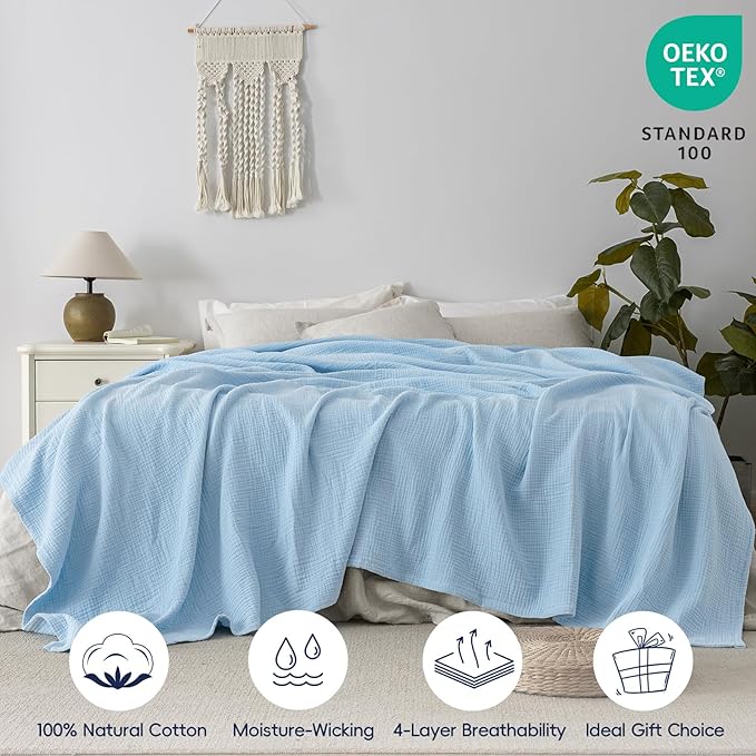 PHF 100% Cotton Muslin Blanket King Size 108" x 90", 4-Layer Lightweight and Breathable Blanket for Summer, Luxuriously Soft Gauze Bedding for Bed, Natural Minimalism Style, Ideal Gift, Sky Blue