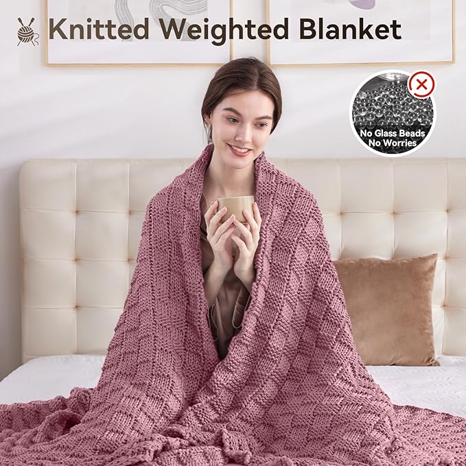 Knitted Weighted Blanket Kids, No Beads Heavy Blanket 36” x 48'' 3lbs, Breathable Chunky Knit Blanket, Cooling Weighted Blanket for Hot Sleepers, Christmas Home Decor (Pink)
