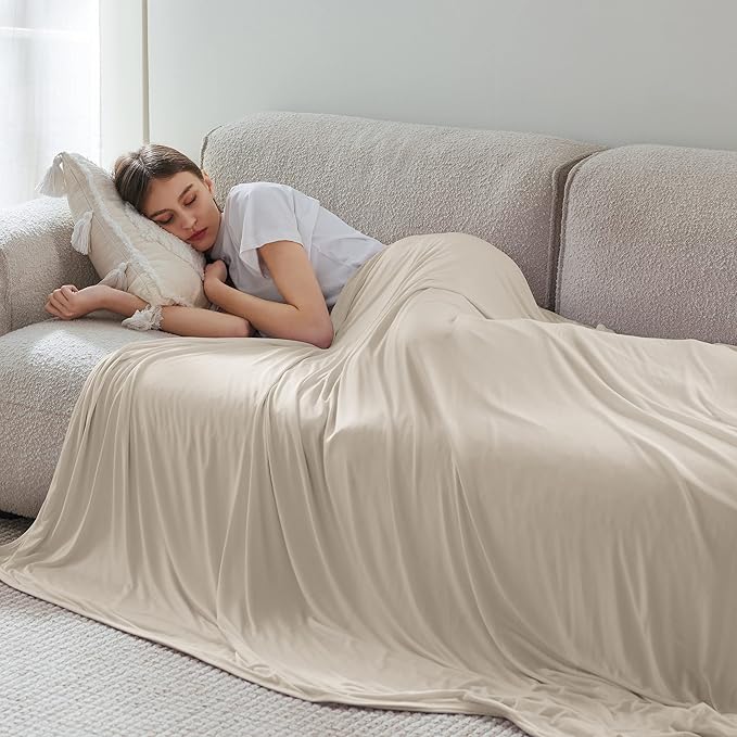 Bedsure Beige Cooling Blanket for Hot Sleepers - Summer Cold Throw Blanket for Bed, Arc-Chill Lightweight Summer Bedding, Cool Thin Ice Cold Cooled Throws with Rayon Derived from Bamboo, 50x70