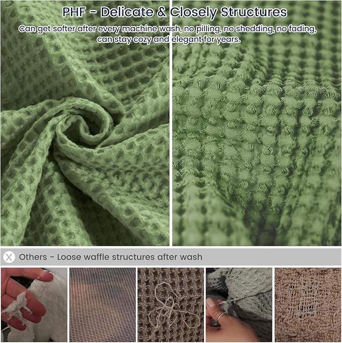 PHF Pre-Washed Cotton Waffle Weave Blanket Queen Size for Bed,Snag Proof Throw Blanket for Couch Spring Summer Lightweight Breathable,Oeko-TEX Certified,Machine Washable, Home Decor Gift,Loden Green