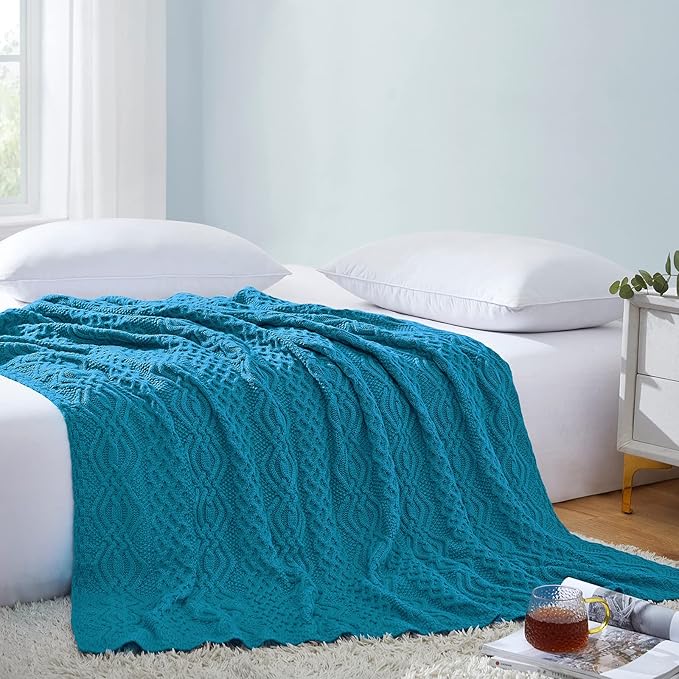 Aormenzy Teal Cable Knit Throw Blanket, Soft & Warm Knitted Blanket Throw for Couch Bed Sofa Living Room, 50 x 60 Inch
