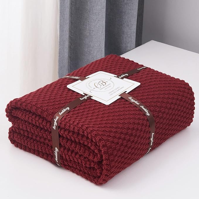 Longhui bedding Wine Red Knitted Throw Blanket for Couch, Cozy Machine Washable 100% Cotton Sofa Knit Bed Blankets, Heavy 4.0lb Weight, 60 x 80 Inches, Laundry Bag Included, Burgundy Color.