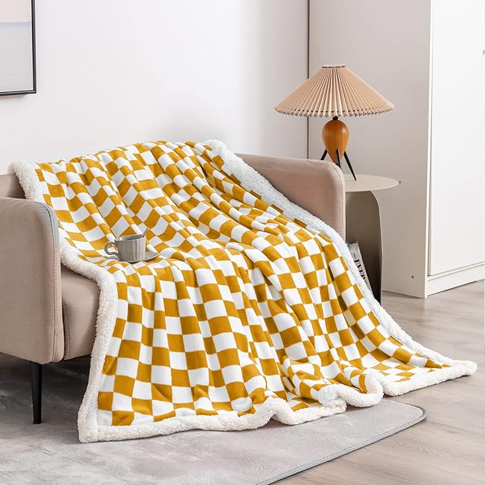 LOMAO Sherpa Throw Blanket Fleece Blanket with Checkered Pattern Soft Thick Blanket for Couch, Bed, Sofa Luxurious Warm and Cozy for All Seasons (Yellow, 60"x80")