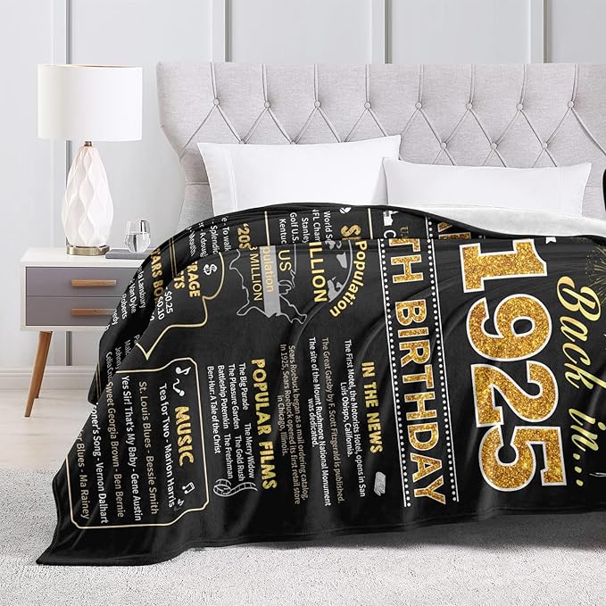 Birthday Gifts for 100 Year Old Woman, 100th Birthday Gifts for Women Men, 100th Birthday Gift Ideas Throw Blanket 60x50 Inch, Happy 100th Birthday Decorations for Women Men, 1925 Birthday Gifts