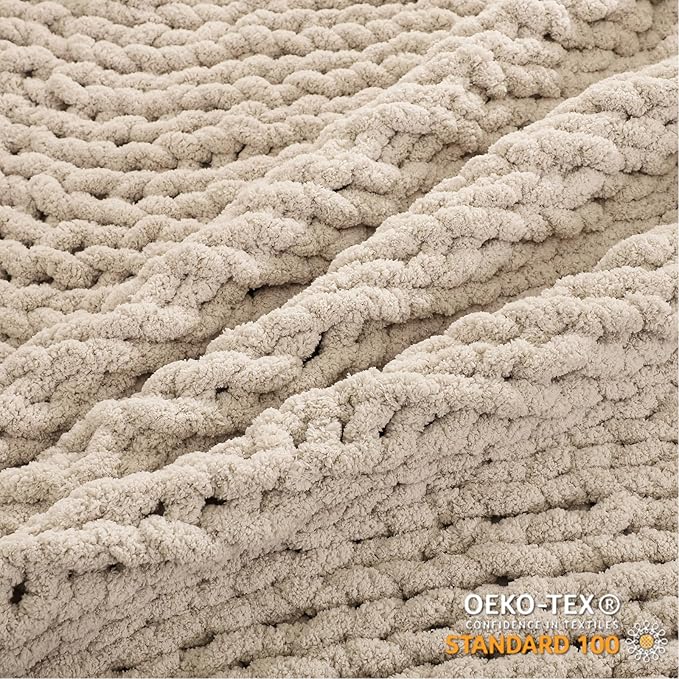 WESHIONGOO Chunky Knit Blanket Throw Knitted Throw Blankets for Couch Bed Fluffy Soft Blanket with Jumbo Chenille Yarn Thick 100% Handmade (Linen, 50"×60")