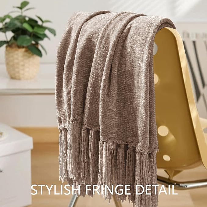 Chenille Throw Blanket for Couch 60"X 80" Twin, Soft Cozy Throws with Fringe Tassel for Bed Sofa Chair, Lightweight Knitted Decorative Farmhouse Boho Blankets for Gift, Taupe