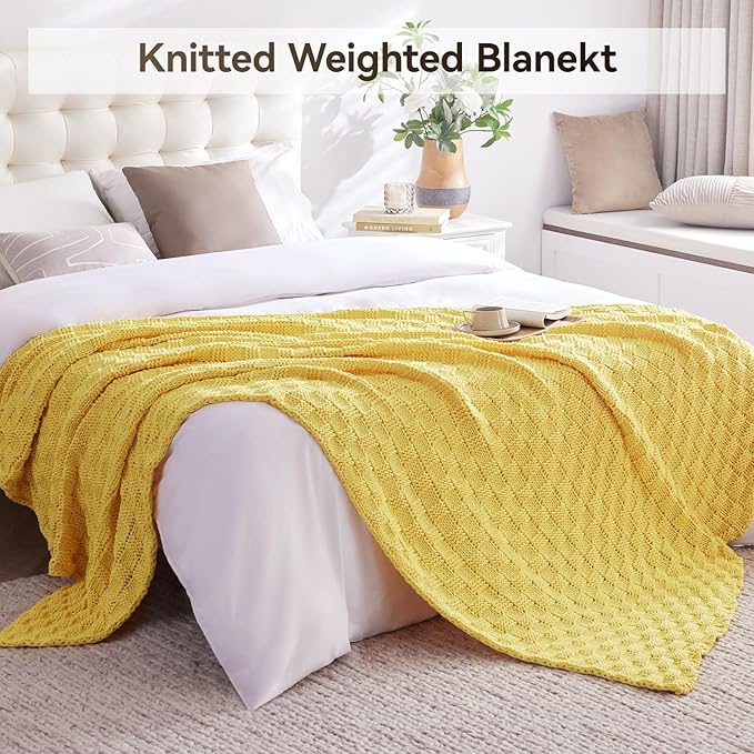 Knitted Weighted Blanket for Adult, No Beads Heavy Blanket 60” x 80'' 10lbs, Breathable Chunky Knit Blanket, Cooling Weighted Blanket for Hot Sleepers, Christmas Home Decor (Yellow)