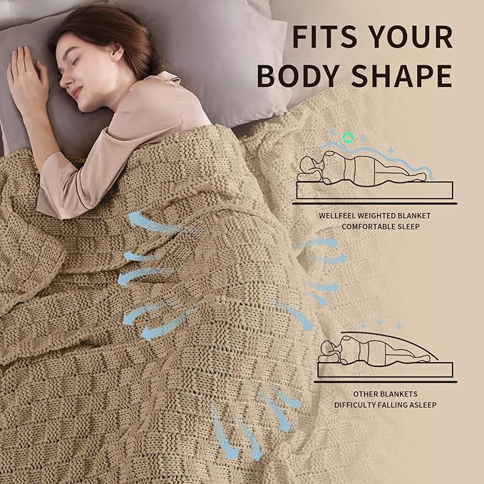 Knitted Weighted Blanket for Adult, No Beads Heavy Blanket 70” x 90'' 20lbs, Breathable Chunky Knit Blanket, Cooling Weighted Blanket for Hot Sleepers, Christmas Home Decor (Camel)