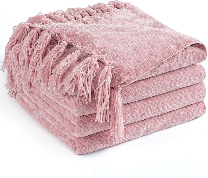 Chenille Throw Blanket for Couch 50"X 60", Soft Cozy Throws with Fringe Tassel for Bed Sofa Chair, Lightweight Knitted Decorative Farmhouse Boho Blankets for Gift, Dusty Pink