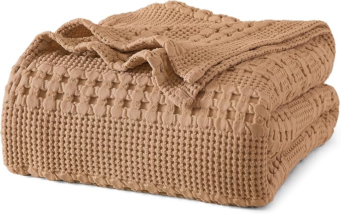 PHF 100% Cotton Waffle Weave Blanket King Size, Soft Lightweight Breathable Cozy Summer Blankets for Bed, Luxury Aesthetic Woven Bedding for Home Decor, 108"x90", Camel