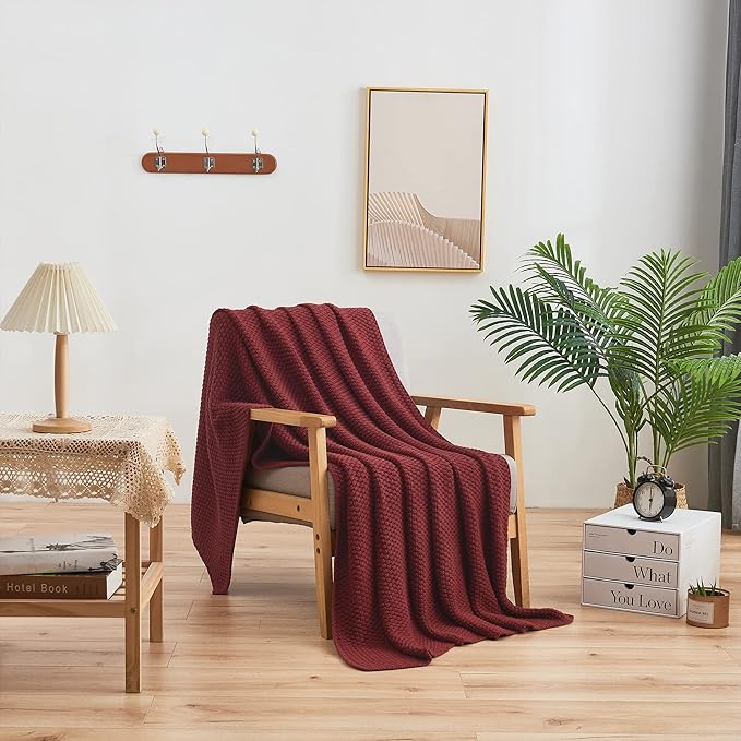 Longhui bedding Wine Red Knitted Throw Blanket for Couch, Cozy Machine Washable 100% Cotton Sofa Knit Blankets, 51 x 63 Inches, Burgundy Color