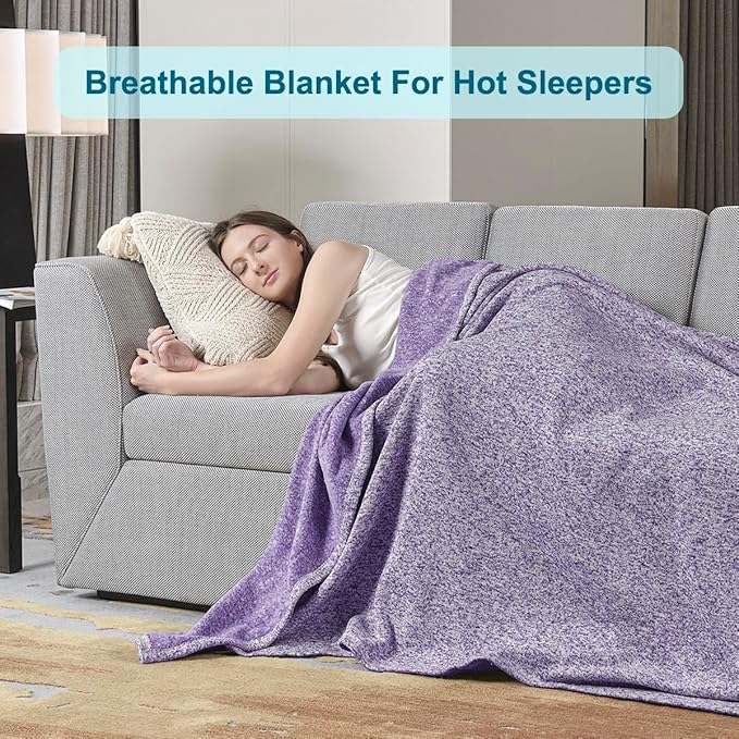 KAWAHOME Summer Sweatshirt Blanket Twin Size for Bed-Lightweight Breathable Blankets,Soft Thin Knit Jersey Blanket for Hot Sleepers,66 X 90 Inches, Heather Purple