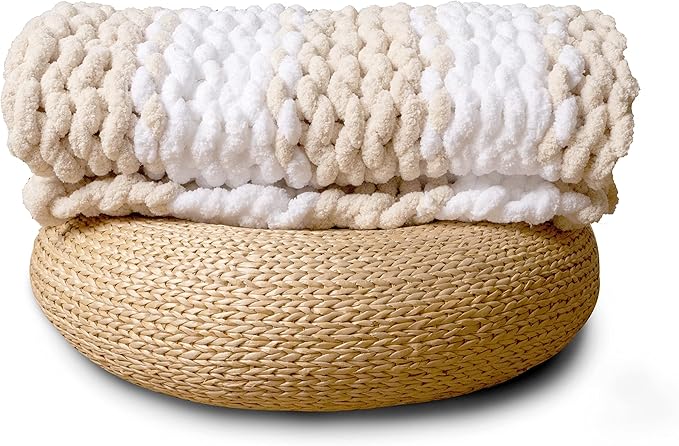 Adyrescia Chunky Knit Blanket Throw | 100% Hand Knit with Jumbo Chenille Yarn (50"x60", Oatmeal and White Stripes)