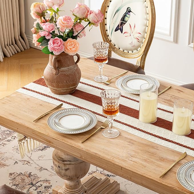 Fancy Homi Rust Table Runner 108 Inches Long Boho Macrame Table Runner for Home Decor, Terracotta Farmhouse Table Runners with Tassels for Party Rustic Bridal Shower Dining Decor 12x108 Inches