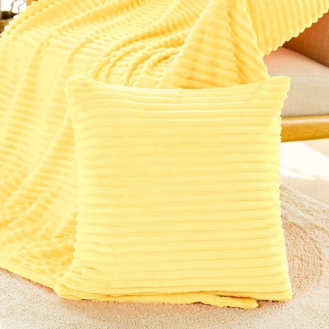 Vessia Flannel Throw Blanket with Pillow Cover for Couch,Sofa,Bed, 300GSM Striped Light Yellow Blanket for Adults, Super Soft Warm Cozy Ribbed Pale Yellow Throw for All-Season(50x71 inch)