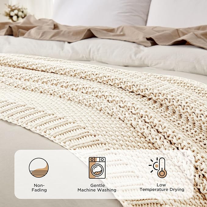 Joydeco Chunky Cable Knit Throw Blanket, Lightweight 100% Cotton Soft Cozy Throw Twin Blanket for Couch Bed and Sofa, Rustic Breathable Farmhouse Blanket Gift for Women Men(Cream White, 60"x80")