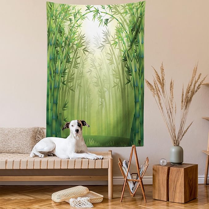 Ambesonne Forest Tapestry Twin Size, Image of Exotic Trees in Rain Forest Far Eastern Wildlife Tropical Nature Inspired, Wall Hanging Bedspread Bed Cover Wall Decor, 68" X 88", Green and White
