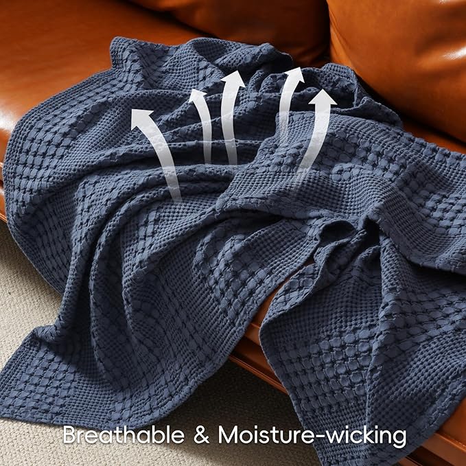 PHF 100% Cotton Waffle Weave Blanket Twin Size, Soft Lightweight Breathable Cozy Summer Blankets for Bed, Luxury Aesthetic Woven Bedding for Home Decor, 66"x90", Dark Navy