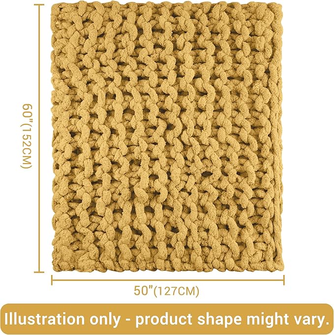 Knit Blanket 50"x60" Yellow Cream Soft Washable Chenille Throw Blanket Cozy 100% Handmade Crochet Blankets with Jumbo Chenille Yarn for Couch Bed Sofa Room Decor
