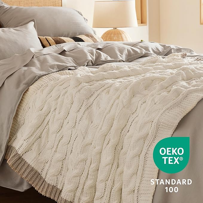 Bedsure Cable Knit Throw Blanket for Couch Bed - Chenille Chunky Knit Throw Blanket for Summer and All Seasons, Soft Cozy and Warm, Cream, 50x60 Inches