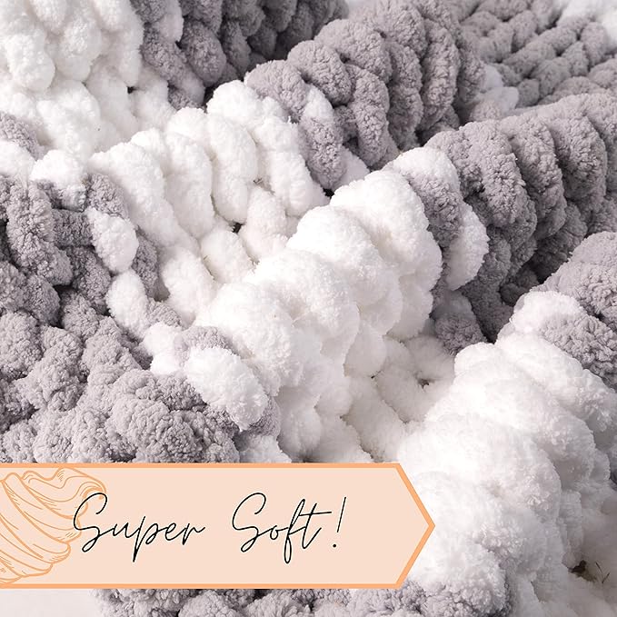 Adyrescia Chunky Knit Blanket Throw | 100% Hand Knit with Jumbo Chenille Yarn (50"x60", Gray and White Stripes)