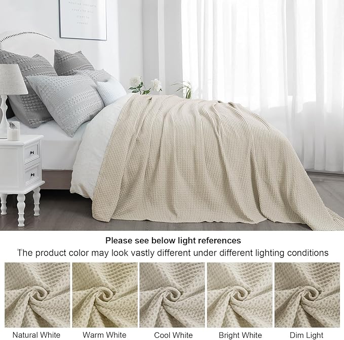 PHF Pre-Washed Cotton Waffle Weave Blanket Queen Size for Bed,Snag Proof Lightweight Breathable Throw for Couch Spring Summer, Oeko-TEX Certified,Machine Washable, Home Decor Gift-Linen/Stone