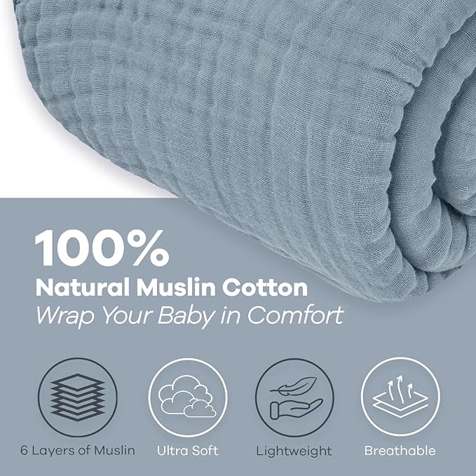 Comfy Cubs Muslin Blanket for Adults Twin 90" x 66" - 6 Layer Soft, Breathable & Lightweight Muslin Adult Blanket - Machine Washable & Designed in The US Bedding for All Seasons - Pacific Blue