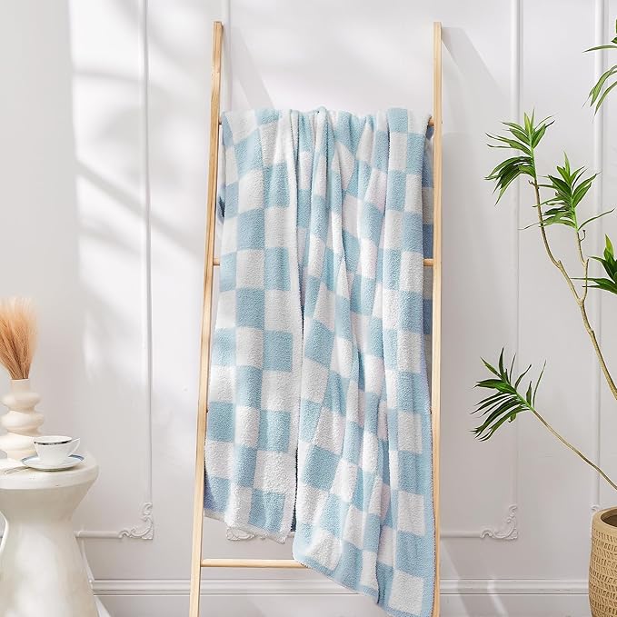 JOOJA Soft Cozy Checkerboard Blue Blanket - Fluffy Knit Throw for Couch - Plaid Checkered - 50x60 in