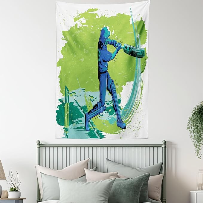 Ambesonne Sports Tapestry Queen Size, Cricket Player Pitching Win Game Champion Team Paintbrush Effect, Wall Hanging Bedspread Bed Cover Wall Decor, 88" X 88", Blue Turquoise