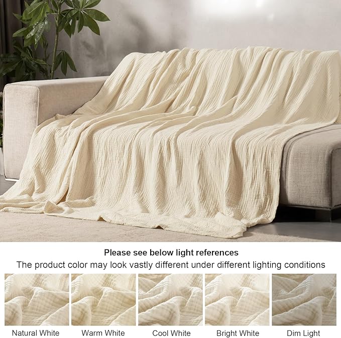 PHF 100% Cotton Muslin Throw Blanket 50" x 60", 4-Layer Lightweight and Breathable Blanket for Summer, Luxuriously Soft Gauze Throws for Couch, Natural Minimalism Style, Ideal Gift, Beige/Short Bread