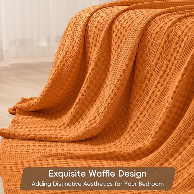 PHF 100% Cotton Waffle Weave Blanket King Size, Soft Lightweight Breathable Cozy Summer Blankets for Bed, Luxury Aesthetic Woven Bedding for Home Decor, 108"x90", Marmalade