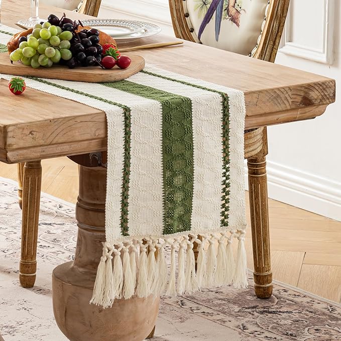 Fancy Homi Moss Green Table Runner 60 Inches Long Boho Macrame Table Runner for Home Decor, Farmhouse Table Runners with Tassels for Party Bohemian Rustic Bridal Shower Dining Decor 12x60 Inches