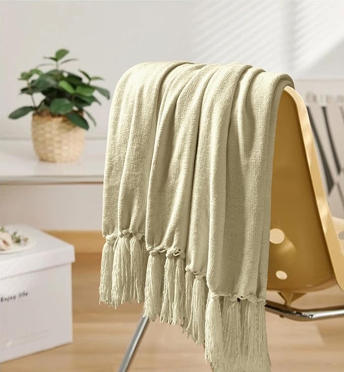 Chenille Throw Blanket for Couch 50"X 60", Soft Cozy Throws with Fringe Tassel for Bed Sofa Chair Cover, Lightweight Knitted Decorative Boho Blankets for Living Room, Light Beige