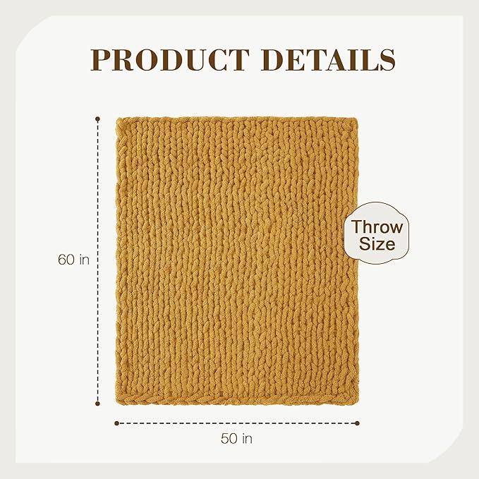 Carriediosa Chunky Knit Throw Blanket 50" X 60", 100% Hand Made Large Chenille Loop Yarn Soft Fluffy Throws for Couch Sofa Bed, Big Crochet Cozy Heavy Thick Cable Woven Blanket, Yellow