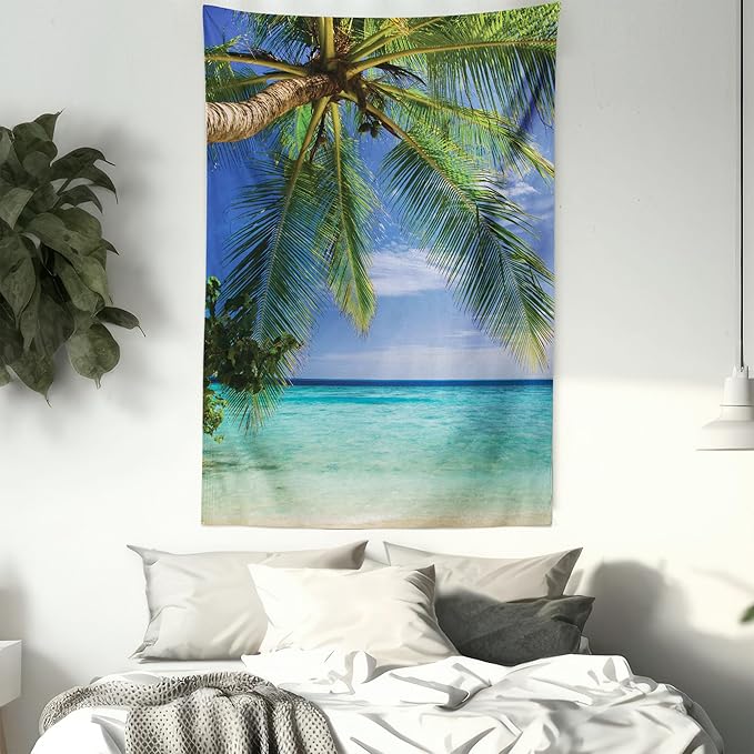 Ambesonne Ocean Tapestry Twin Size, Tropical Paradise View at Maldives Palms Clear Sky Seashore Picture Print, Wall Hanging Bedspread Bed Cover Wall Decor, 68" X 88", Green Aqua Blue