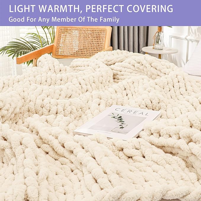 Bigacogo Chunky Knit Throw Blanket for Couch, 40x40 inches, 100% Hand Knitted with Thick Jumbo Chenille Yarn, Cozy Soft Large Rope Knot Cable Crochet Blankets for Sofa Bed Living Room, Beige